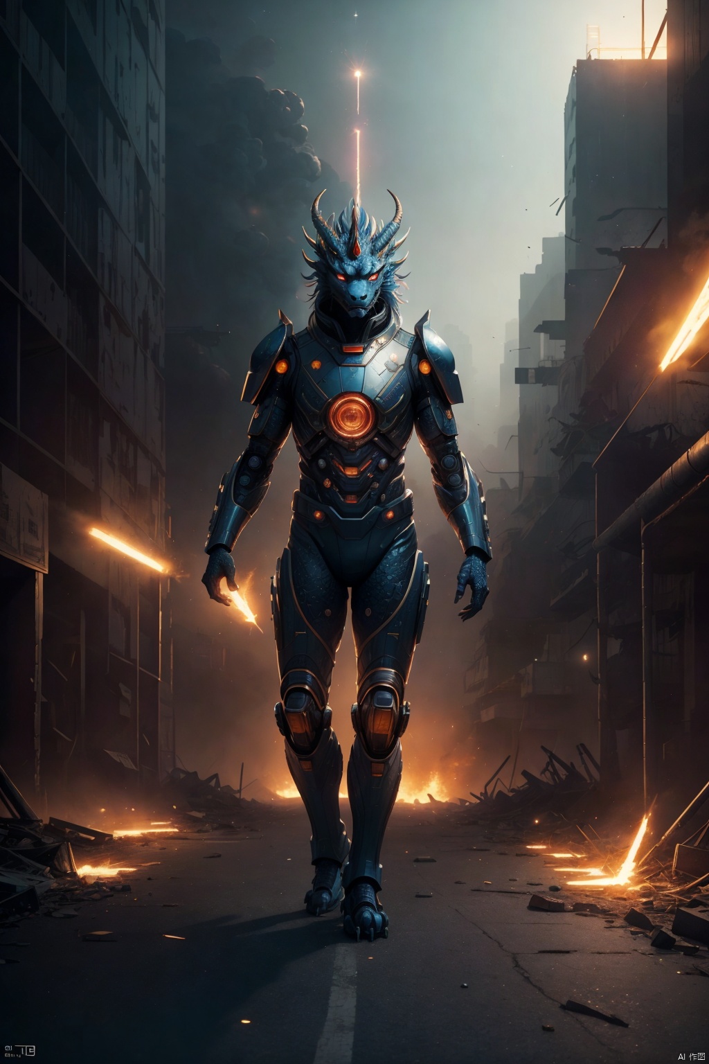  The artwork is a detailed, symmetrical portrait of a cyberpunk neuronet Blue Chinese dragon in human form made of delicate broken cracked corrode rust damaged porcelain and lit with backlighting. It was created by Victo Ngai and H. R. Giger and rendered using Octane. The piece is trending on CGsociety and Artstation and is highly detailed and vibrant. It is set in outer space and features a vanishing point and a super highway. It is a digital render and digital painting. 8 k, haze fog smoke, back lighting, sparks spark, fire, silhouette, in a apocalypse destroyed war zone city background, bokeh
