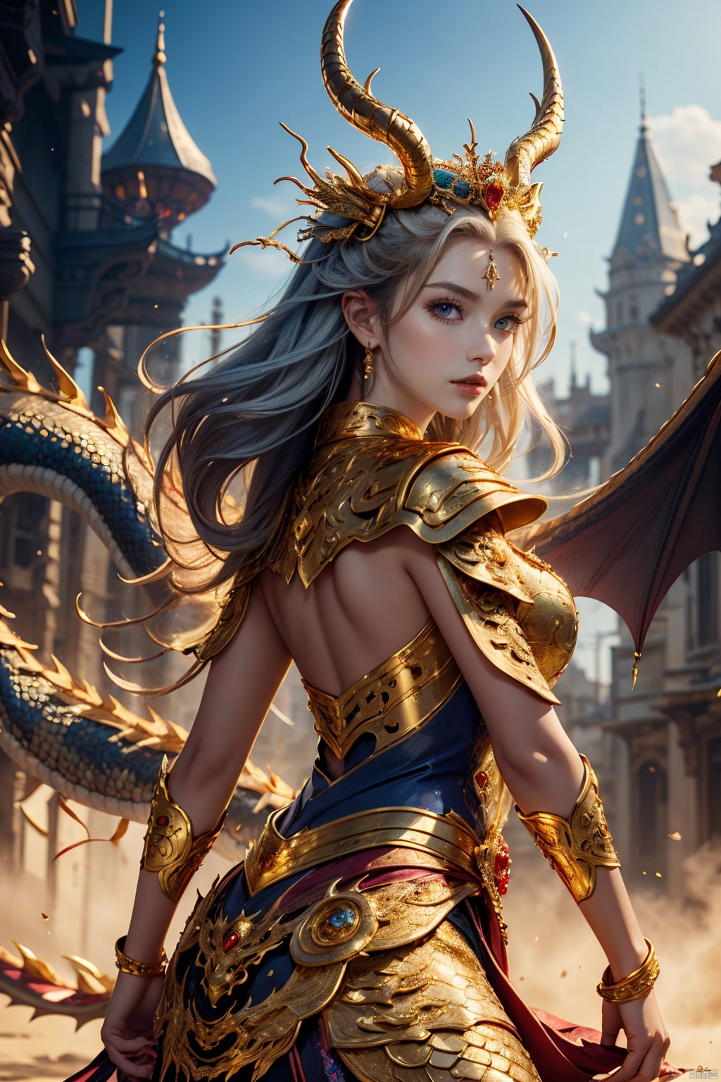  fantasy art, concept art of a (female dragon:1.3) image for cgart butterfly, female dragon with blue eyes, Humanoid, antlers, a dragon by her side,BREAK,dramatic lighting, from below, look back, Extraordinary details,GdClth,gold-hair princece, ((((gorgeous)))) royal dress, ((((gorgeous)))) gold tiara, ((((gorgeous)))) gold necklace, ((((gorgeous)))) gold accessories, light on body, Leica 50mm f/1.9