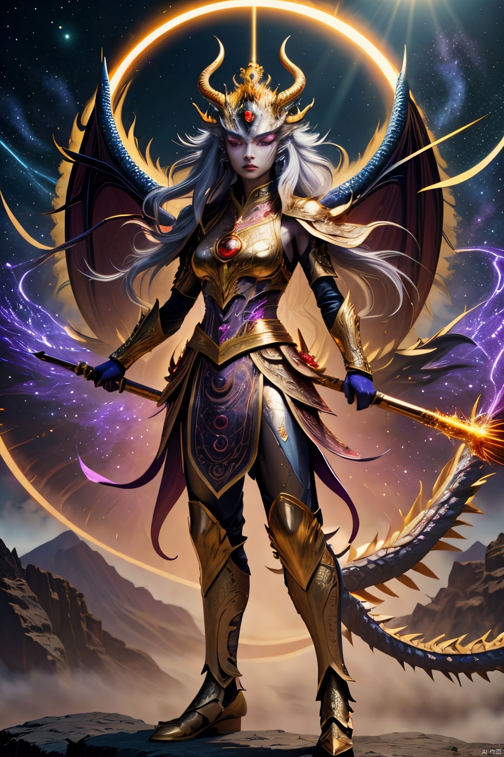  Colorful costumes, Standing posture, Anthropomorphism, National style, Female dragon image,long white hair, blue eyes, Powerful, Tender, Aesthetic, Heal, Mysterious power, Metallic scales, Shine in cosmic brilliance, Laser eye, Gamma ray eye, wisdom, Strength, Guide the growth and progress of the crypto space, Fly, Bless, Revelation, change, Stand upright, particles, x-ray,,<lora:660447313082219790:1.0>,<lora:660447313082219790:1.0>