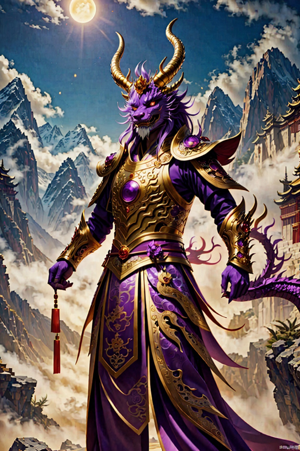  A fantasy style image of the Chinese Dragon King, he has purple eyes that release a dark light , golden antlers and armor glittering, behind him are traditional Chinese buildings and fantasy mountains,<lora:660447313082219790:1.0>,<lora:660447313082219790:1.0>,<lora:660447313082219790:1.0>
