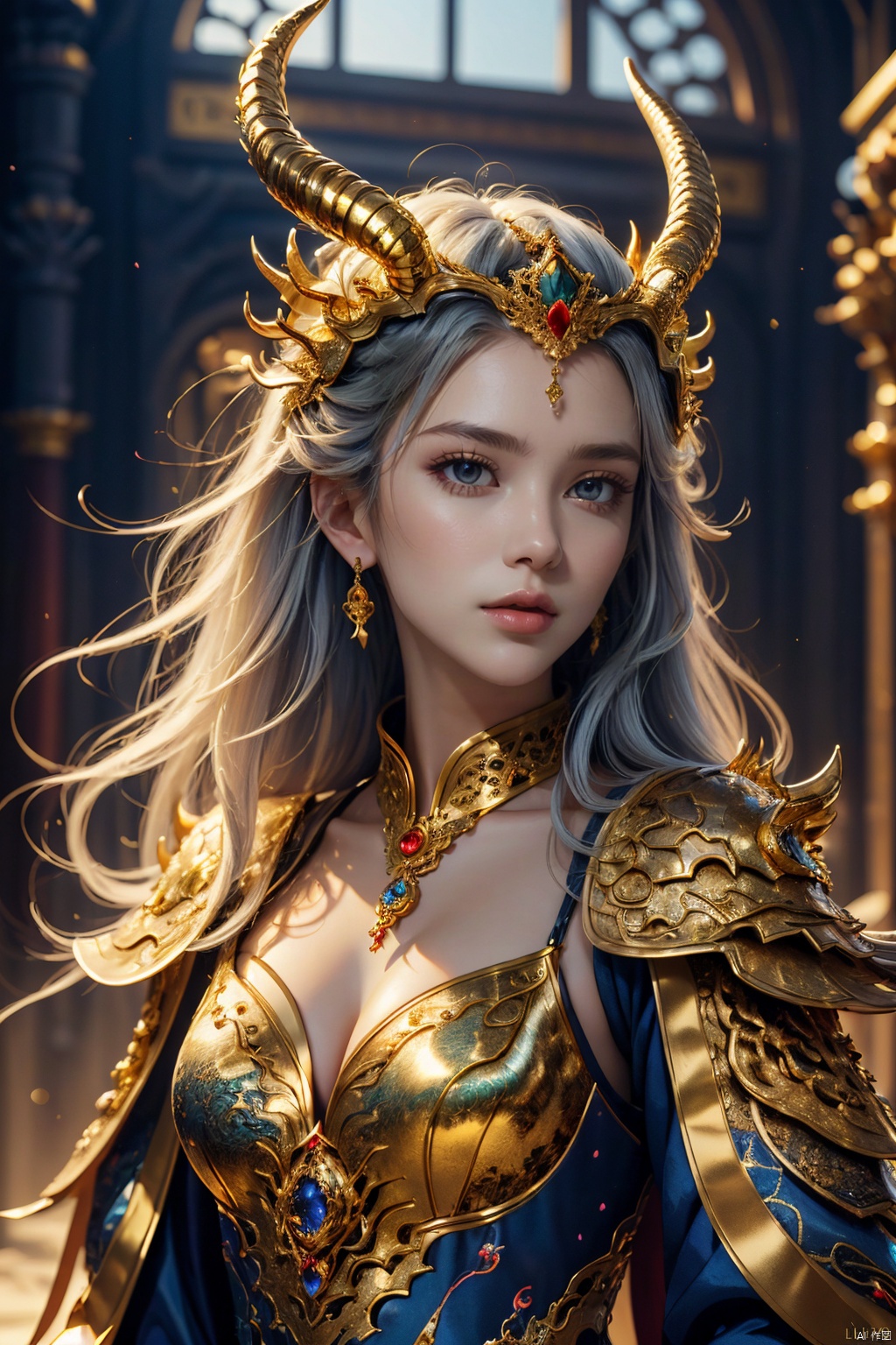  fantasy art, concept art of a (female dragon:1.3) image for cgart butterfly, female dragon with blue eyes, Humanoid, antlers, a dragon by her side,BREAK,dramatic lighting, from below, look back, Extraordinary details,GdClth,gold-hair princece, ((((gorgeous)))) royal dress, ((((gorgeous)))) gold tiara, ((((gorgeous)))) gold necklace, ((((gorgeous)))) gold accessories, light on body, Leica 50mm f/1.9