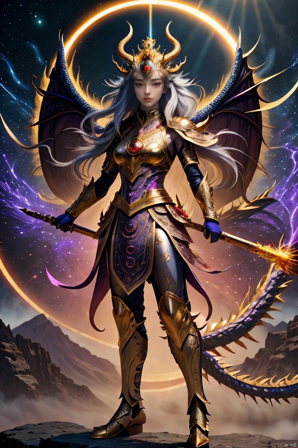  Colorful costumes, Standing posture, Anthropomorphism, National style, Female dragon image,long white hair, blue eyes, Powerful, Tender, Aesthetic, Heal, Mysterious power, Metallic scales, Shine in cosmic brilliance, Laser eye, Gamma ray eye, wisdom, Strength, Guide the growth and progress of the crypto space, Fly, Bless, Revelation, change, Stand upright, particles, x-ray,<lora:660447313082219790:1.0>,<lora:660447313082219790:1.0>,<lora:660447313082219790:1.0>