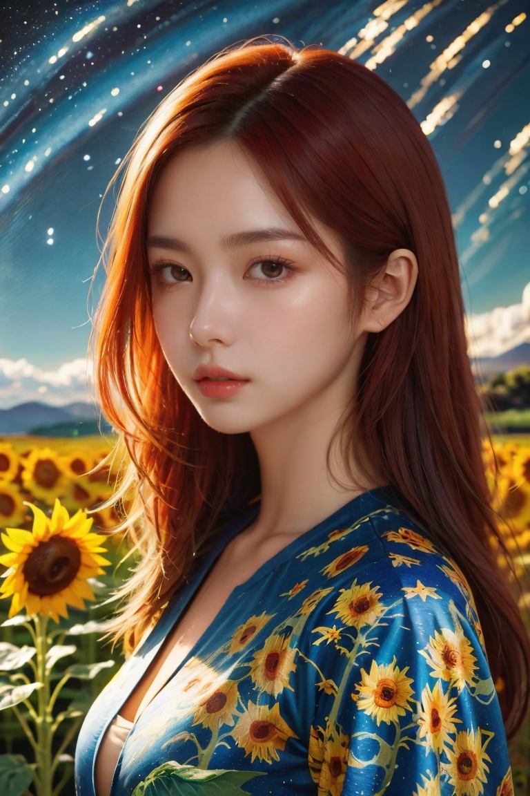 Beautiful woman,  red hair,  sunflower field on Tensor.Art