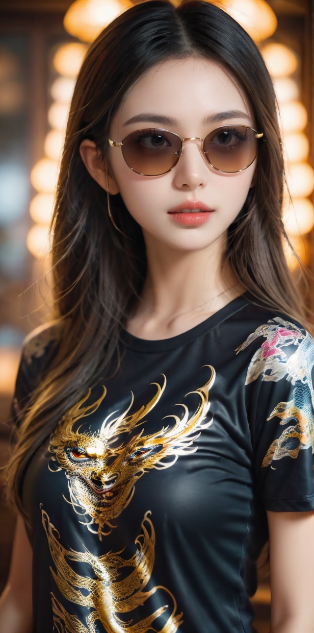 Intricate vector illustration design of a cute Dragon black t-shirt,  ((((sunglasses)))) ,  3-6-9 pattern. Elegant on Tens...