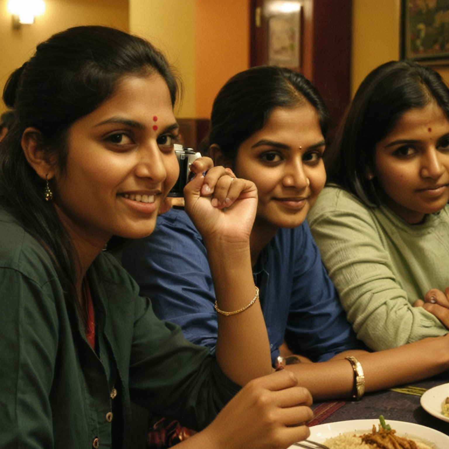 point and shoot camera ******* photography of people at indian restaurant . casual,  f/16,  noise on Tensor.Art