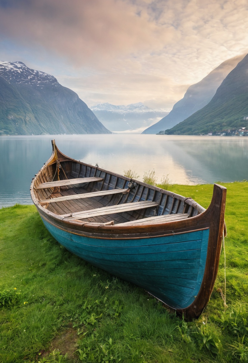 8k breathtaking view of a shored Viking Boat laying on grass,  Njardar (Sognefjord) ,  milky haze on Tensor.Art