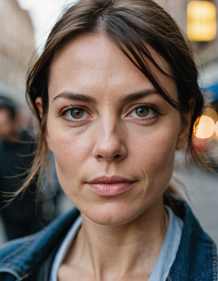 cinematic film still Mid-shot portrait of a beautiful ((woman)) in his 30s with perfect skin,  candid street portrait in t...