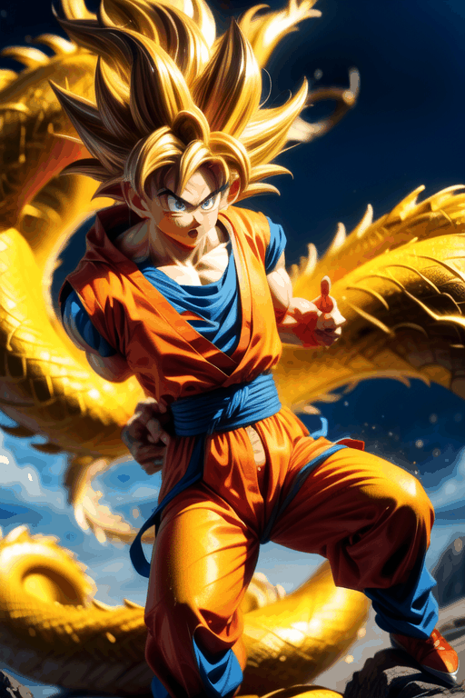 A powerful Goku stands atop a majestic golden Chinese dragon,  his aura radiating with boundless energy. The intricate sca...