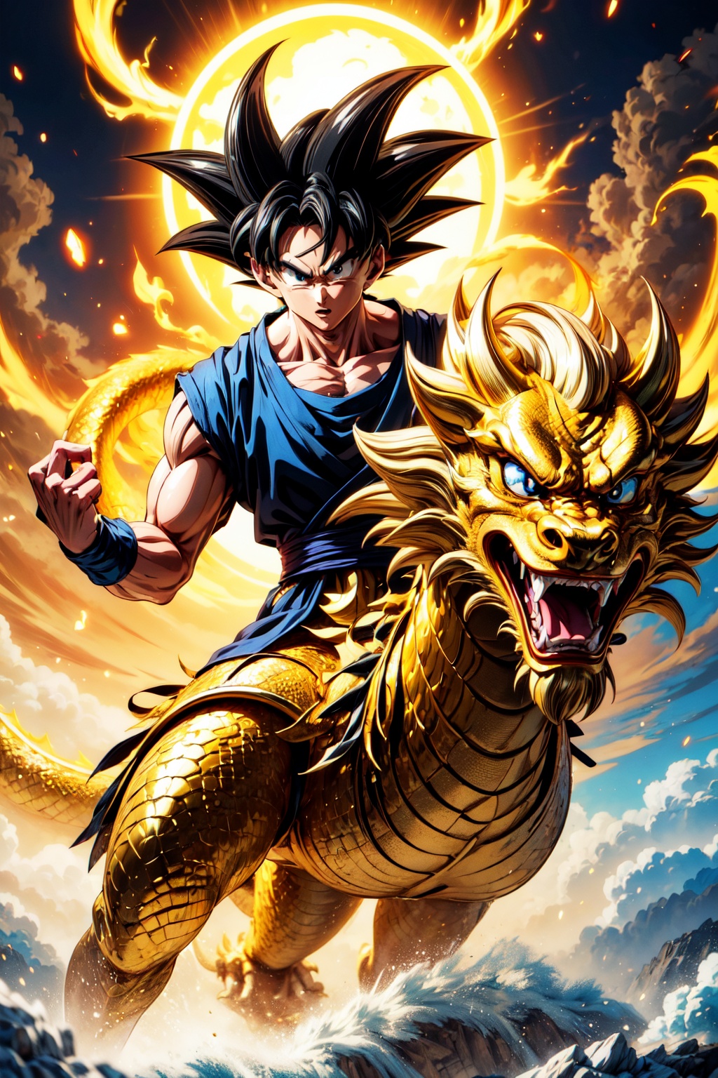 A powerful Goku stands atop a majestic golden Chinese dragon,  his aura radiating with boundless energy. The intricate sca...