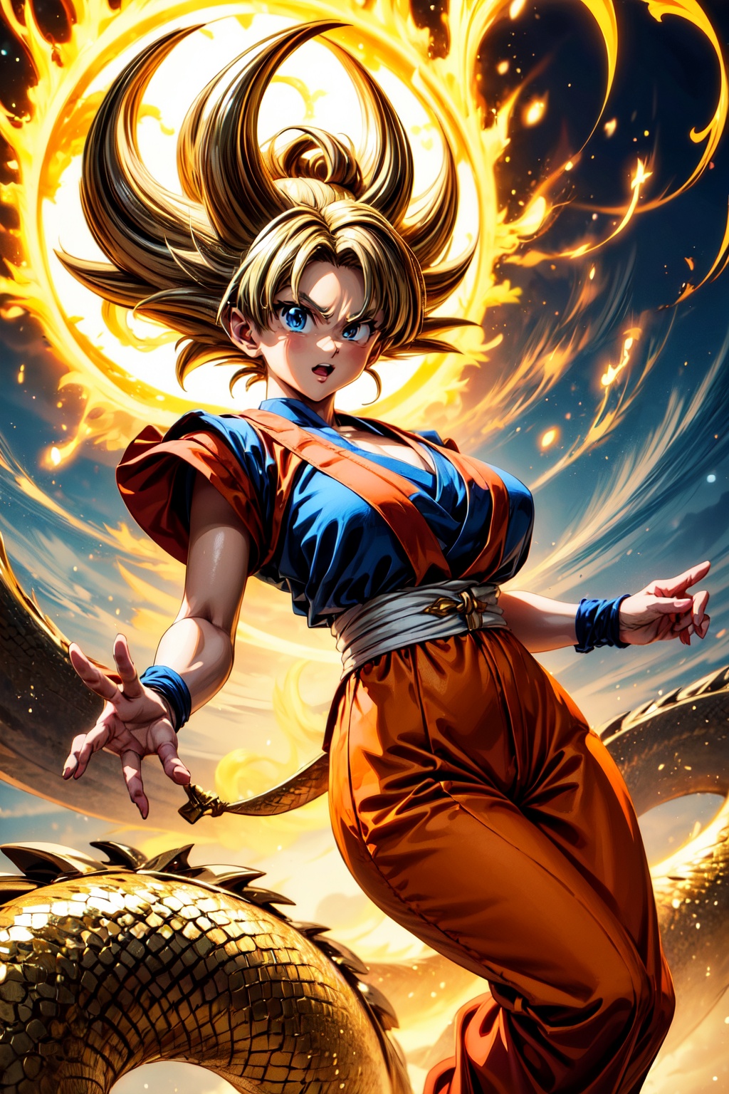 In a stunning display of strength and grace,  Goku rides atop a magnificent Chinese dragon,  their energies intertwined in...
