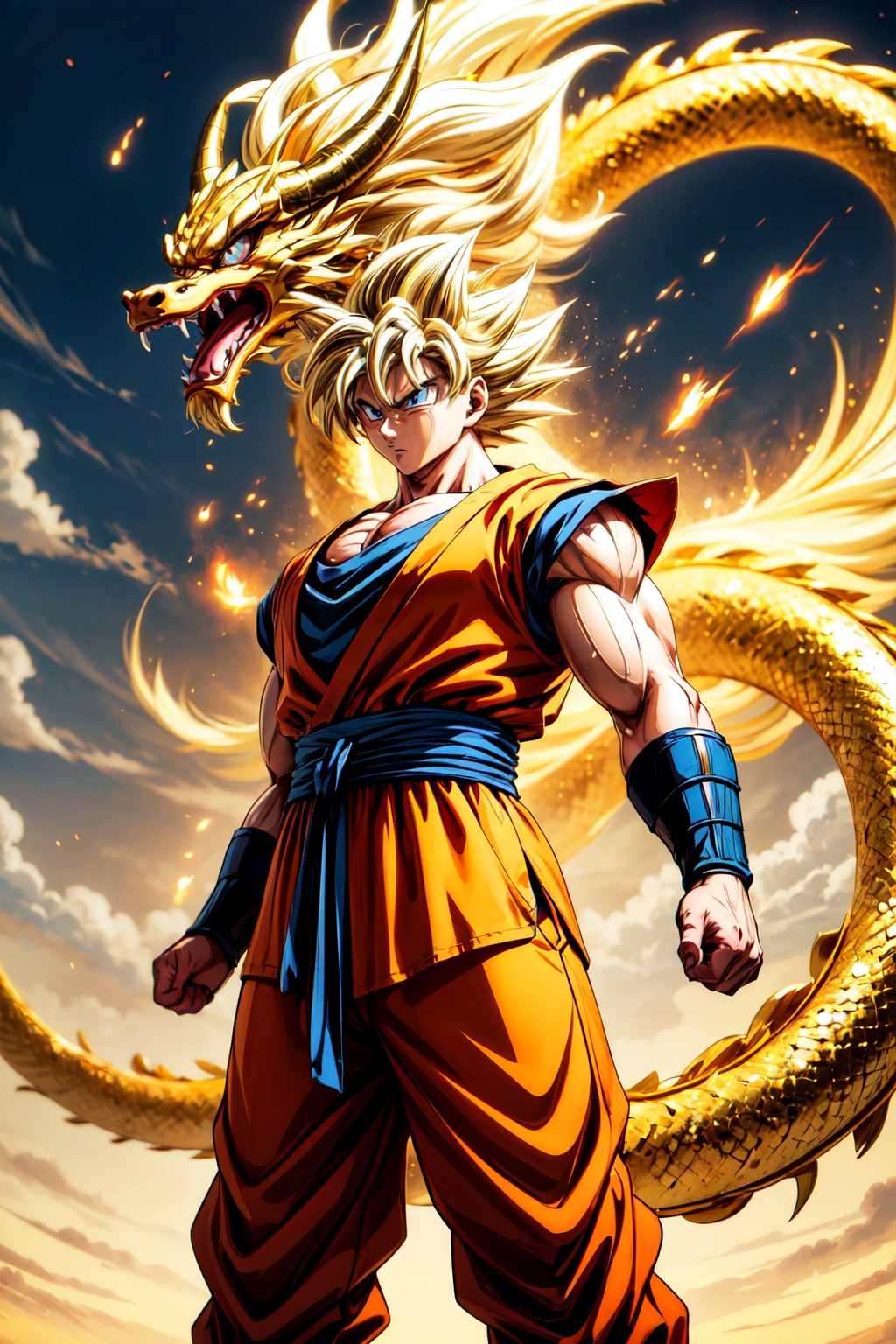A powerful Goku stands atop a majestic golden Chinese dragon,  his aura radiating with boundless energy. The intricate sca...