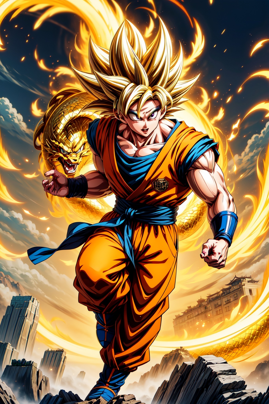 Super saiyan,  A Goku has a golden Chinese dragon wrapped around his hand. He is full of energy and quarrelling. on Tensor...