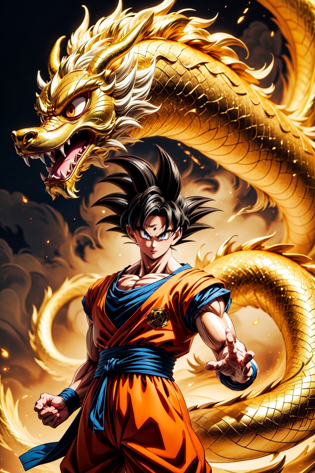A Goku has a golden Chinese dragon wrapped around his hand. He is full of energy and quarrelling. on Tensor.Art