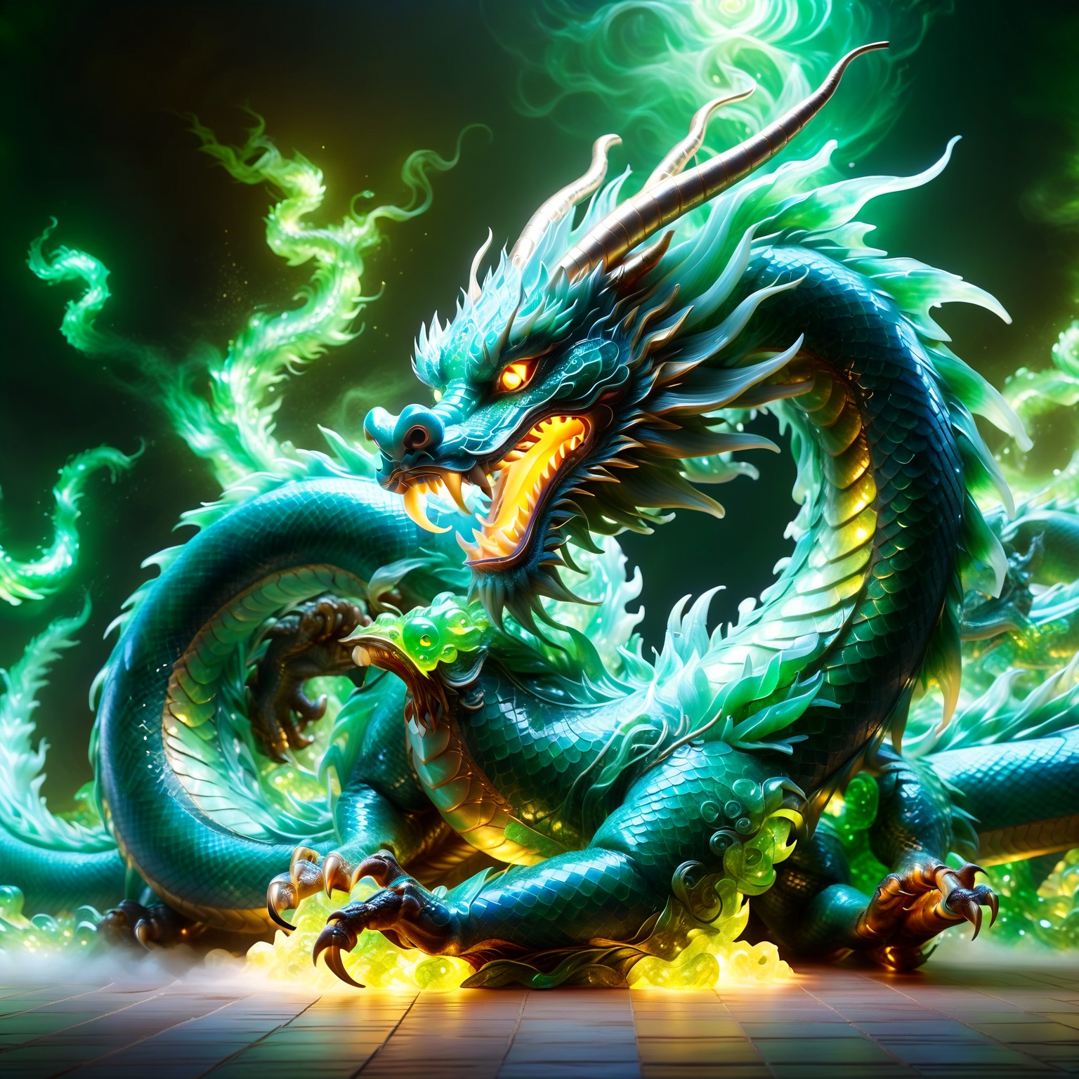 Chinese dragon made entirely of jade,  shimmering and glowing,  intricate jade texture on Tensor.Art