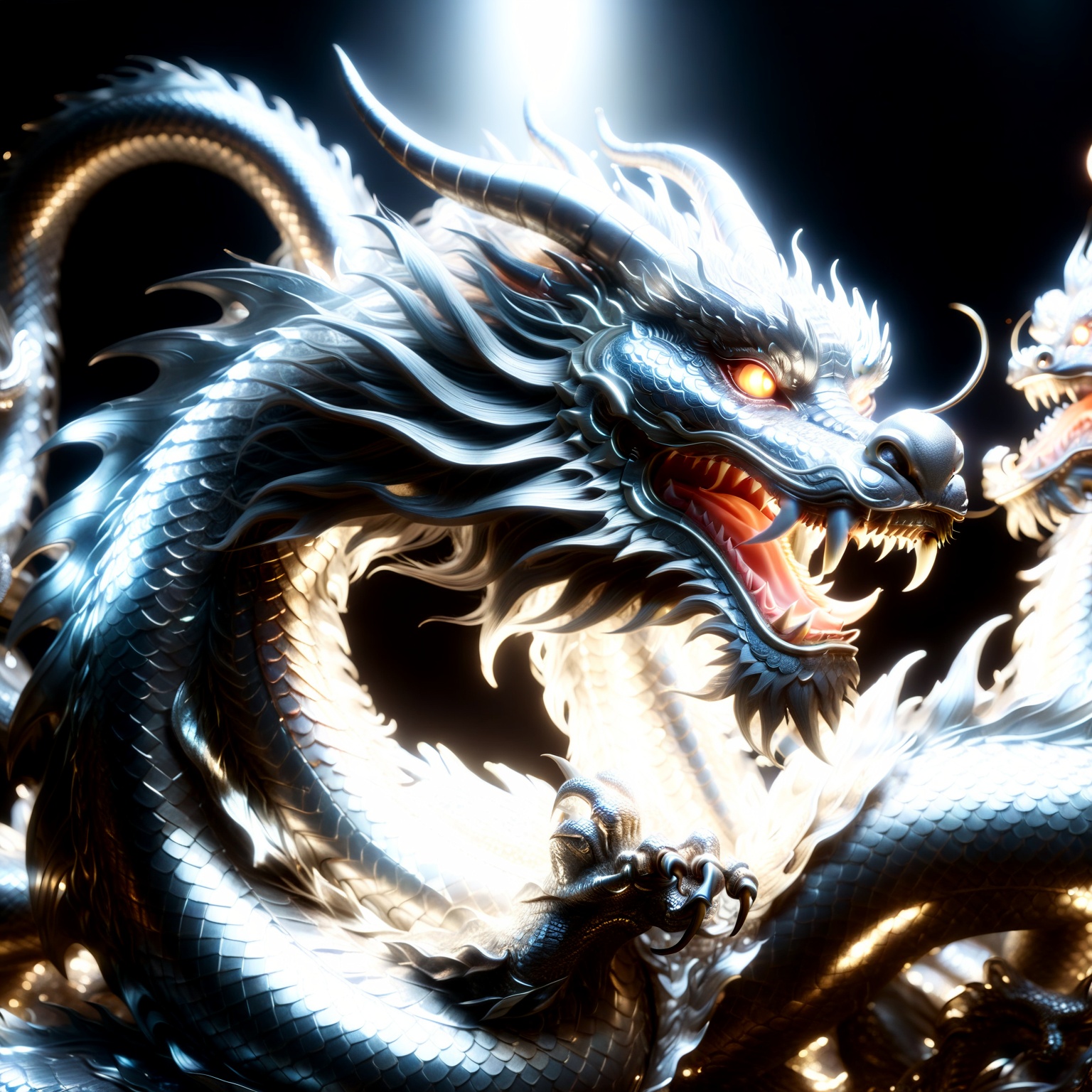 Chinese dragon made entirely of platinum,  shimmering and glowing,  intricate platinum texture on Tensor.Art