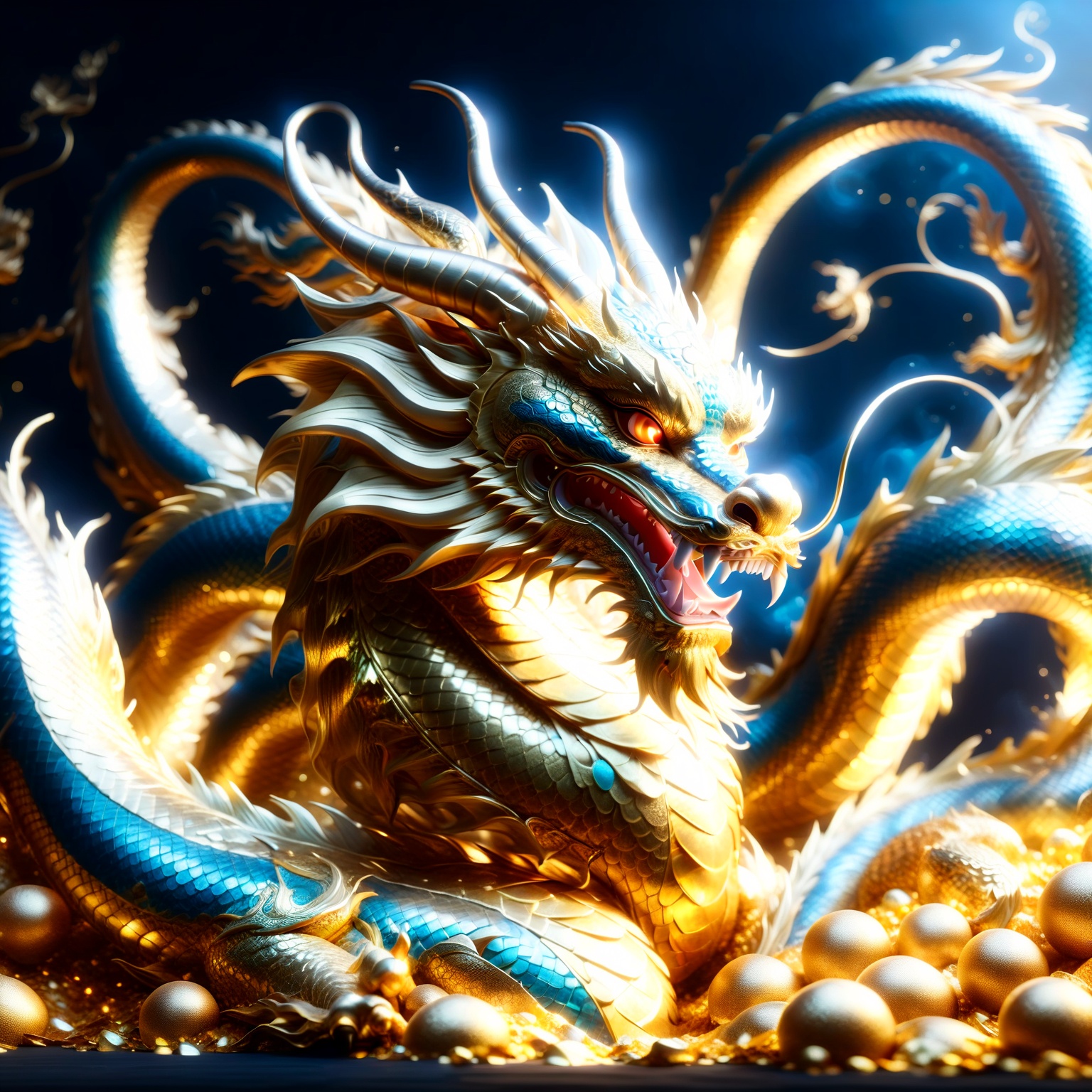 Chinese dragon made entirely of gold,  shimmering and glowing,  intricate gold texture on Tensor.Art