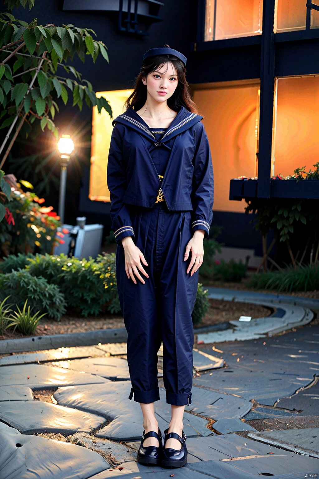 1girl, solo, (best quality, masterpiece, ultra-high resolution, 4K, HDR, UHD, 64K, official art), (photorealistic:1.3, realistic:1.3), (Golden hour),(road, street lamp, neon lights, river), (Canon RF 85mm f/1.2L 85mm),floating hair, long hair, brown hair,(full body:1.3), (busty:1.2),(standing:1.3), (large breasts:1.3), facing viewer, (long buttoned hoodie:1.2), ([canary]canary_leggings:1.2), (running shoes), (school bag:1.2),(sex pose, seductive pose), (blue sailor suit: 1.5)