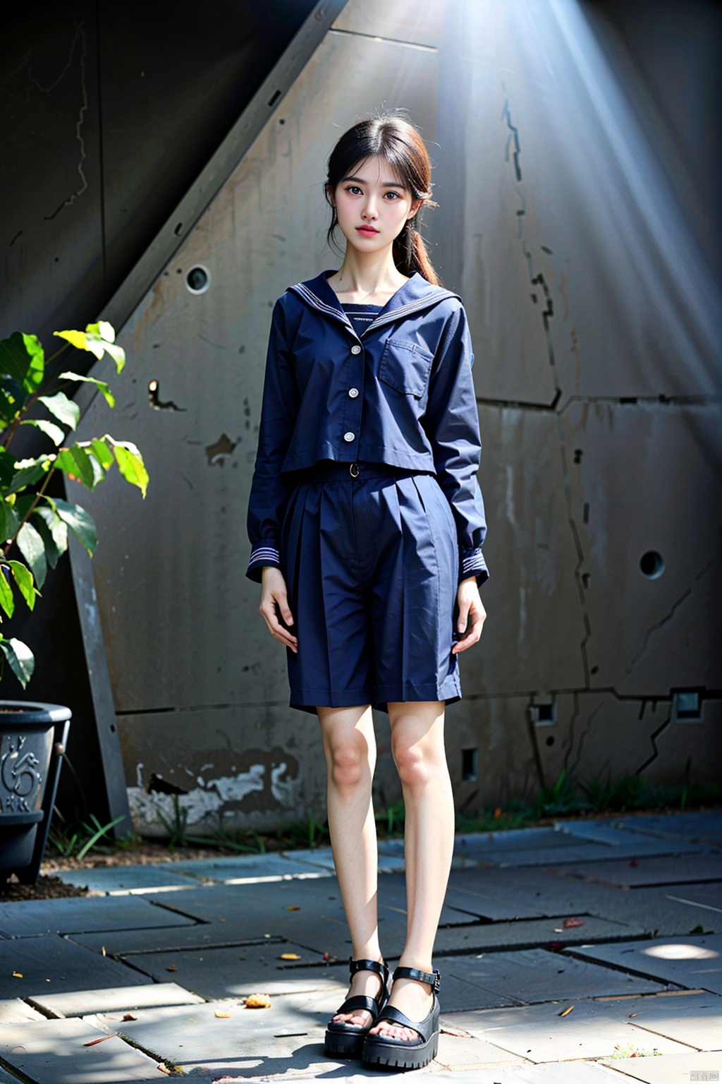 (1girl:1.3), (best quality, masterpiece, ultra high resolution),(photorealistic:1.3), (realistic:1.3), depth of field,(full body:1.2), (day:1.2), (cinematic lighting:1.2), blue sailor suit
