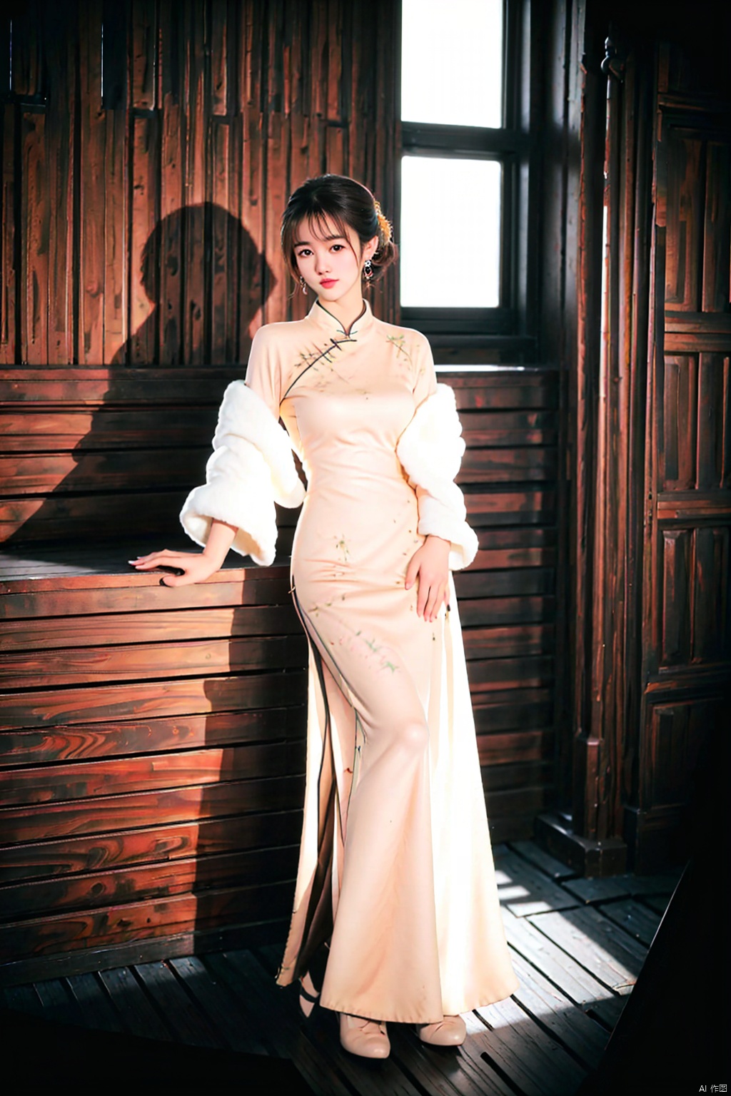 (1girl:1.3), (best quality, masterpiece, ultra high resolution),(photorealistic:1.3), (realistic:1.3), depth of field,(full body:1.2), (day:1.2), (cinematic lighting:1.2), qipao