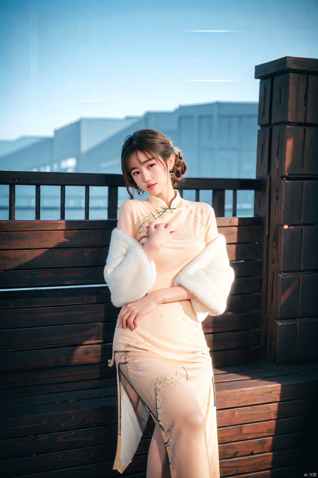 (global illumination, reality,ray tracing, HDR, unreal rendering, reasonable design, high detail, masterpiece,best quality, ultra high definition, movie lighting),
1girl,outdoor,looking_at_viewer,side_blunt_bangs,china_dress,chinese_style,big breasts,pose,solo,1girl,black hair,black eyes,  qipao