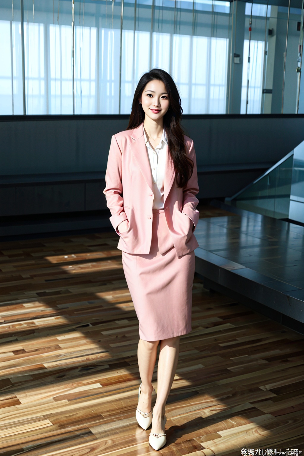 (1girl:1.3), (best quality, masterpiece, ultra high resolution),(photorealistic:1.3), (realistic:1.3), depth of field,(full body:1.2), (outdoors:1.2), (day:1.2), (cinematic lighting:1.2), (dim light:1.2), (in winter, cyberpunk, city, kowloon, snow),(closed mouth), (light smile:1.2), (expressive hair:1.2), (floating hair:1.2), (button-down:1.2),busty, vivacious and seductive, (only one girl:1.2),(standing:1.2), (slender), (slender legs), (long legs:1.3), (looking at viewer, facing viewer:1.2), (pov:1.3), (sfw:1.4), (One hand insertion pocket:1.2), (straight-on:1.2), (large breasts:1.2), white pantyhose, pink uniform