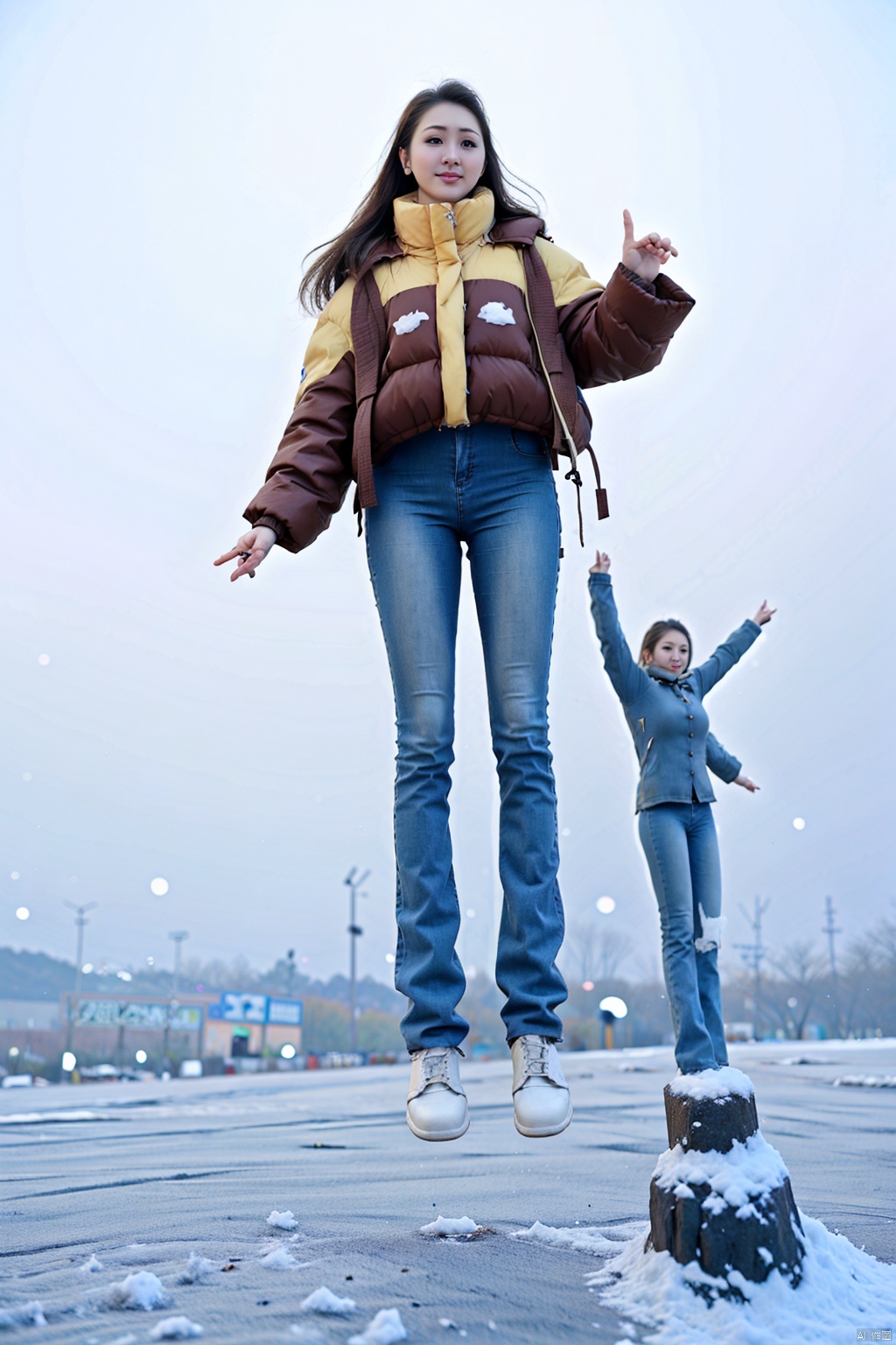 (1girl:1.3), (best quality, masterpiece, ultra high resolution, 4K, HDR, UHD, 64K), (photorealistic:1.3), (realistic:1.3), depth of field, charming, happy, solo,(full body:1.5), outdoors, day, sunlight, cubicle_1_cubicle, (skinny:1.3),closed mouth, light smile, floating hair, long hair, dark brown hair, (standing:1.2), vivacious and seductive, slim legs, Slender legs, short thin waist, (only one girl:1.2), (large breasts), (from below:1.3), looking down, (5 fingers:1.4, perfect hand:1.3, detailed hand, high quality hand:1.3), (family friendly:1.3), (snow: 1.3), puffer jacket, skinny jeans