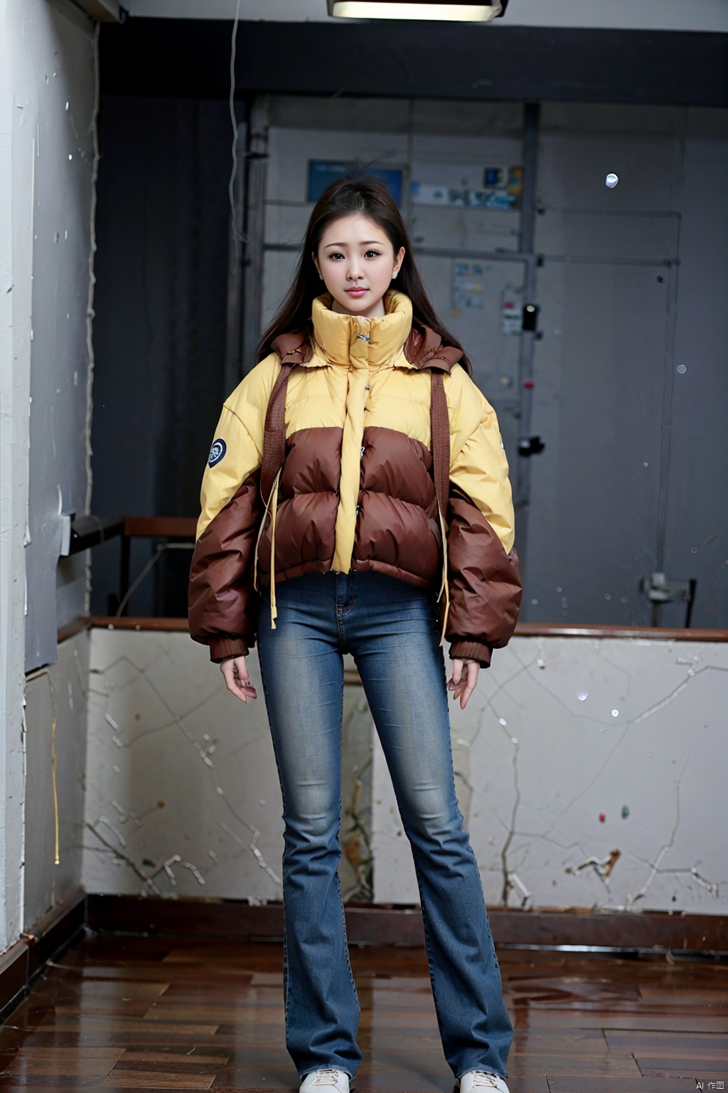 (1girl:1.3), (best quality, masterpiece, ultra high resolution),(photorealistic:1.3), (realistic:1.3), depth of field,(full body:1.2), (day:1.2), (cinematic lighting:1.2), puffer jacket, skinny jeans