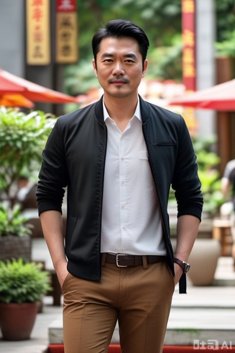 质量词: masterpiece, best quality, amazing quality, very aesthetic, absurdres, highres, newest
画面风格: realistic, blurry background, simple background, white background
人物: 1 man, middle - aged man, male focus, solo, asian, mature male
人物特征: facial hair, black hair, black eyes, closed mouth, lips, thick eyebrows, short hair
事件: looking at the audience 

需要注意的是,原提示词中的“blurry”表述与高质量画面有冲突,在实际使用时可能需要斟酌,高质量画面一般不希望出现模糊效果。 