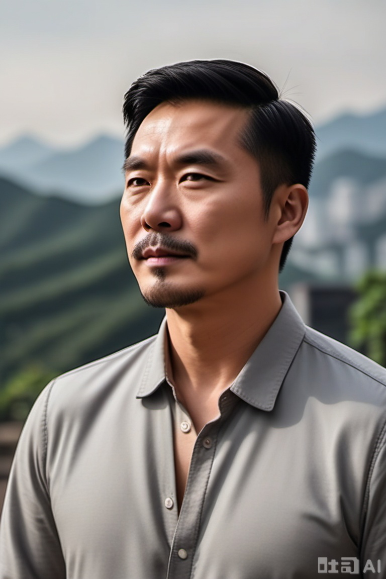 质量词: masterpiece, best quality, amazing quality, very aesthetic, absurdres, highres, newest
画面风格: realistic, blurry background, simple background, white background
人物: 1 man, middle - aged man, male focus, solo, asian, mature male
人物特征: facial hair, black hair, black eyes, closed mouth, lips, thick eyebrows, short hair
事件: looking at the audience 

需要注意的是,原提示词中的“blurry”表述与高质量画面有冲突,在实际使用时可能需要斟酌,高质量画面一般不希望出现模糊效果。 