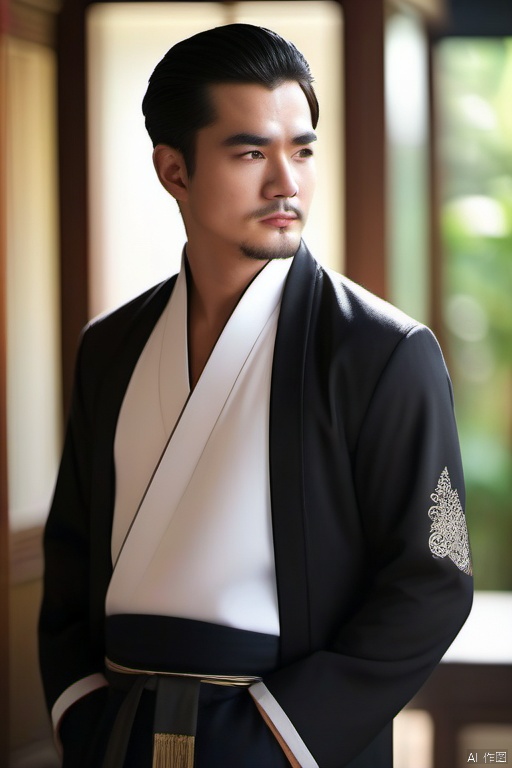  solo, looking at viewer, shirt, black hair, 1boy, closed mouth, white shirt, upper body, male focus, collared shirt, indoors, black eyes, lips, facial hair, formal, suit, realistic, MAJICMIX STYLE, HanFu Man, asian