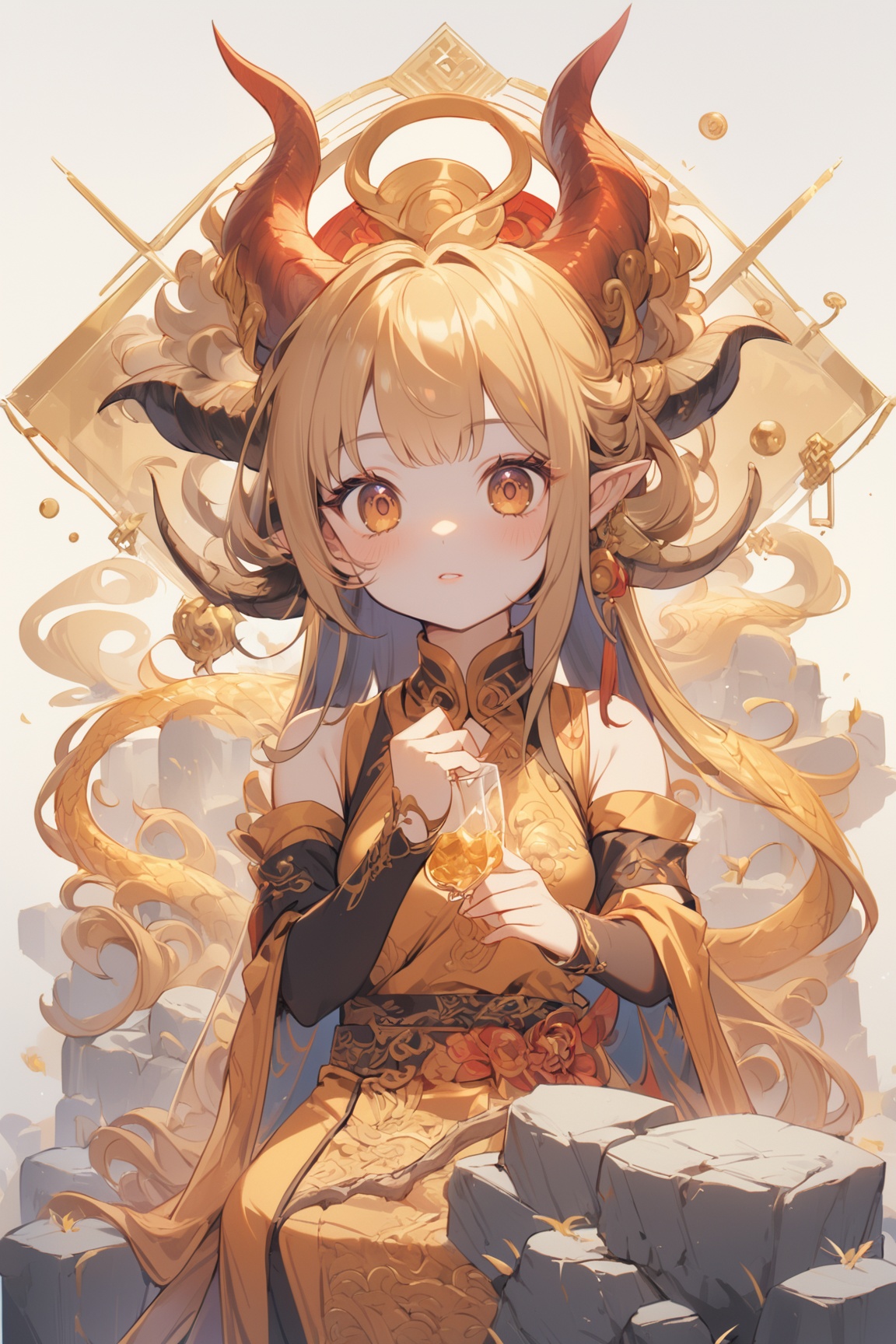 1 girl, (masterful), (long intricate horns:1.2), detailed and intricate, dragonyear, dragon-themed
, Glass Elements, looking_at_viewer, chinese girls, goth person, sfw, complex background, rock_2_img, bg_imgs, golden color,