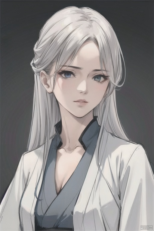  solo, highly detailed, cinematic highlight hair, (best quality), ((masterpiece)),1girl, silver hair,simple_background, long hair, blue eyes, portrait,ning,hanfu, ning,see-through