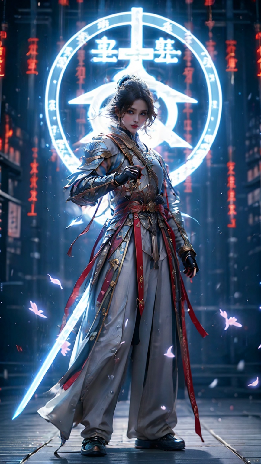1 Girl, holding a sword, scabbard, unsheathed, blade reflective, Chinese armor, armor, Blue Eyes, Athletic Pose, Night, Outdoors, Web Digital Lighting, Neon Lights, Web Colors, Cherry Blossoms, Petals, Reflective Floor, Splash, Ripples