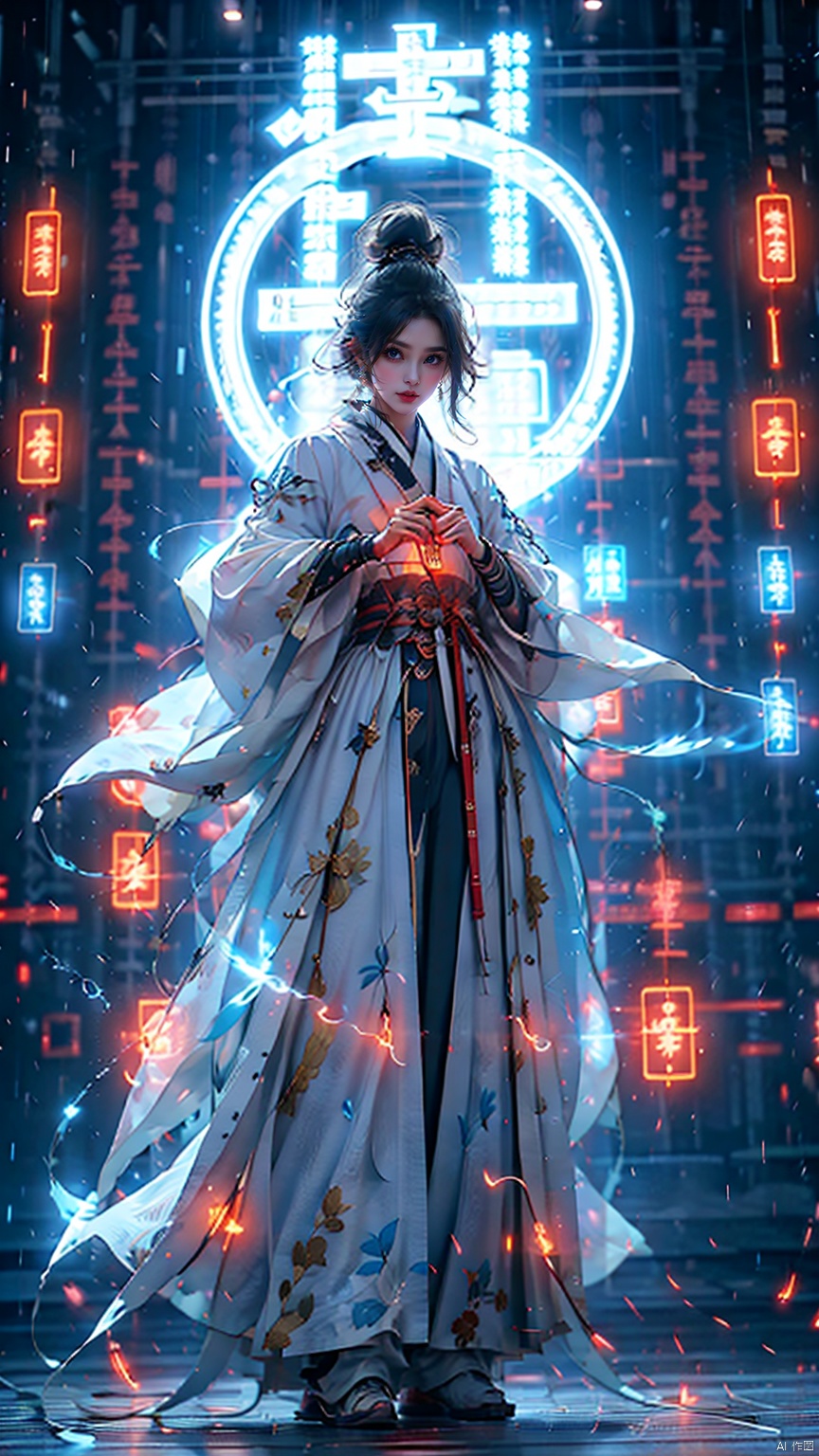  1 girl, loose clothes, (holding a samurai sword) (,blue eyes, three-dimensional facial features, big eyes, light makeup, lying silkworm), (loli height, standing on a mirrored stage, full body photo), (overhead view), (workwear pants, clothing - street hip-hop), (exquisite masterpiece), (holographic projection), (cyberpunk style), (mechanical modular background), (Luminous circuit) (Flashing neon light) (Blue illuminated background) (Background blurring treatment), Light-electric style,shining, yiwenrudao\(xiuxian\)