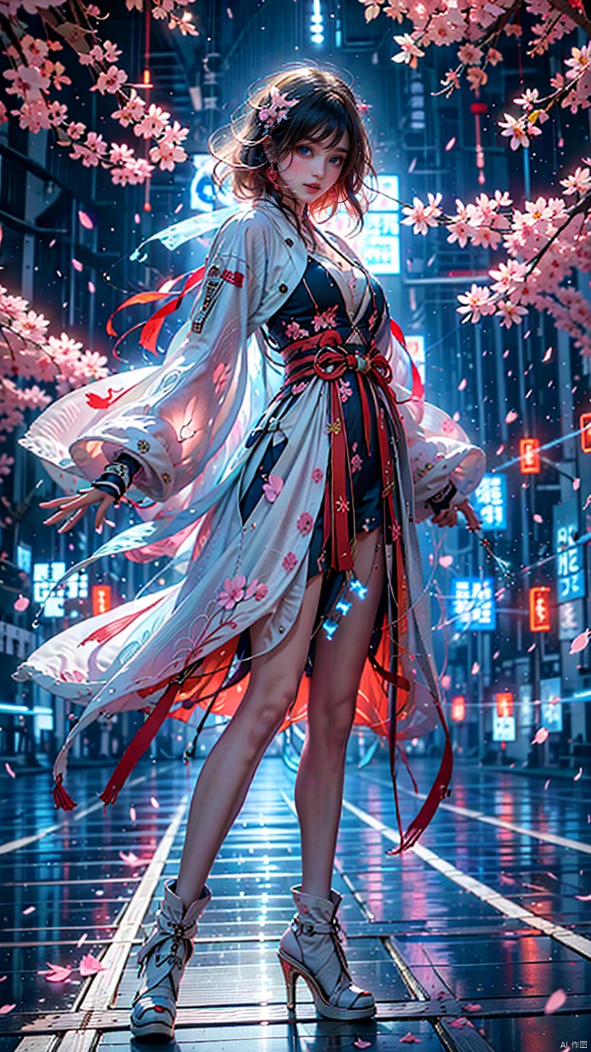  1 Girl, Blue Eyes, Pink Long Hair, Pink Armor, Chinese Armor, Pink Shawl, Athletic Pose, Night, Outdoors, Web Digital Lighting, Neon Lights, Web Colors, Cherry Blossoms, Petals, Reflective Floor, Splash, Ripples., Weapon Cards