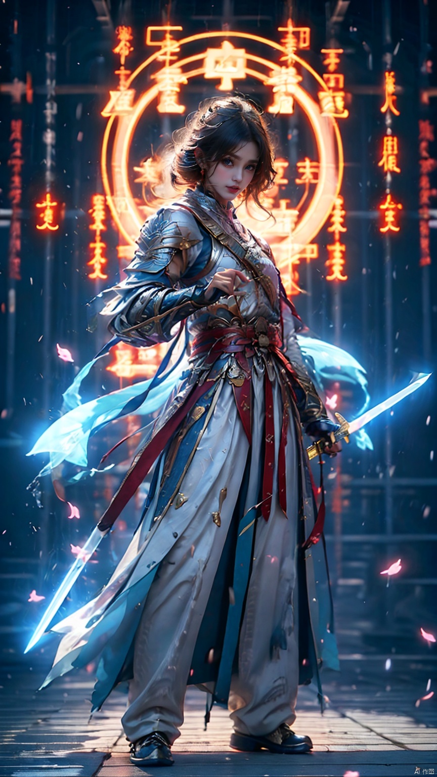 1 Girl, holding a sword, scabbard, unsheathed, blade reflective, Chinese armor, armor, Blue Eyes, Athletic Pose, Night, Outdoors, Web Digital Lighting, Neon Lights, Web Colors, Cherry Blossoms, Petals, Reflective Floor, Splash, Ripples