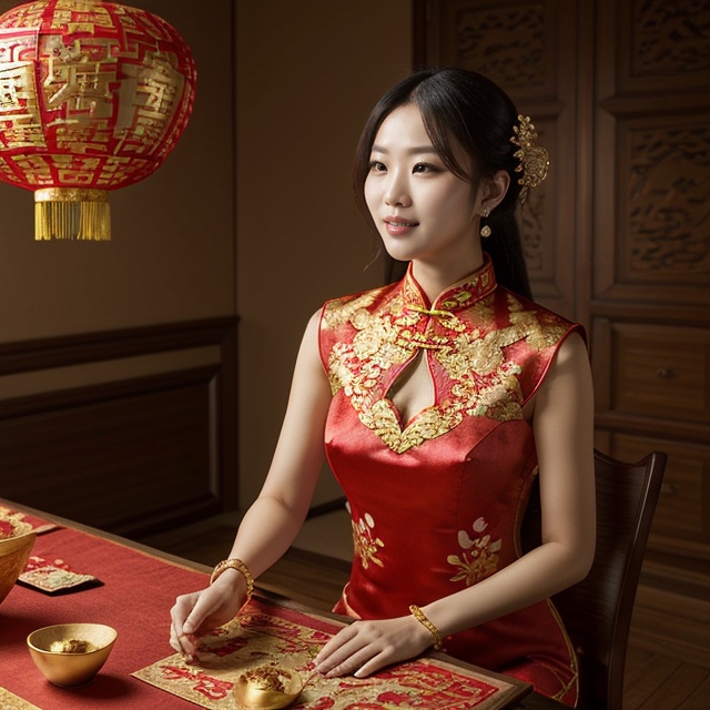 The living room is decorated with Chinese New Year decorations,  and there are several Jin yuanbao on the table. A girl is...