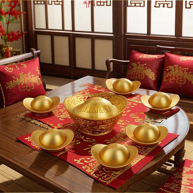 The living room is decorated with Chinese New Year decorations,  and there are several large Jin yuanbao on the table. Jin...