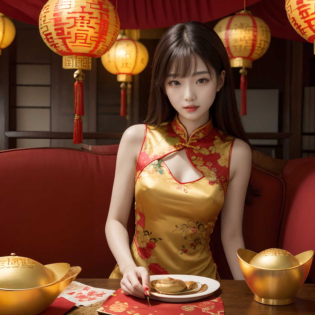 The living room is decorated with Chinese New Year decorations,  and there are several Jin yuanbao on the table. A girl is...