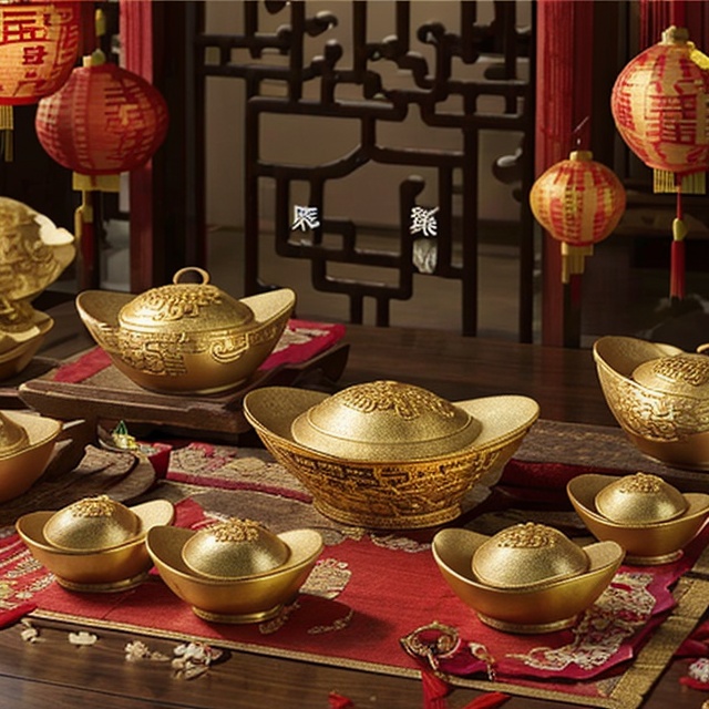 The living room is decorated with Chinese New Year decorations,  and there are several large Jin yuanbao on the table. Jin...