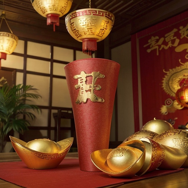 The living room is decorated with Chinese New Year decorations,  and there are several large Jin yuanbao on the table. Jin...
