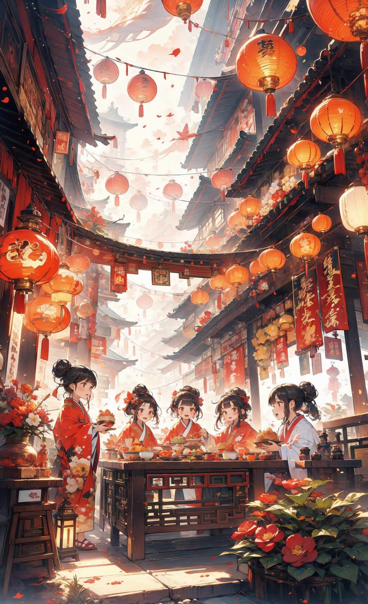 (many children were eating around the table),architecture,black hair ,breathing fire,bamboo,bangs,bottle,brown hair,(child) ,chopsticks,campfire,candy apple,east asian architecture,festival,fire xfish,flame,food,food stand ,fireworks,goldfish,grill,hair bun,holding plat,kimono,lantern,mandarin red hair,multiple boys,multiple girls,chinese new year,chinese