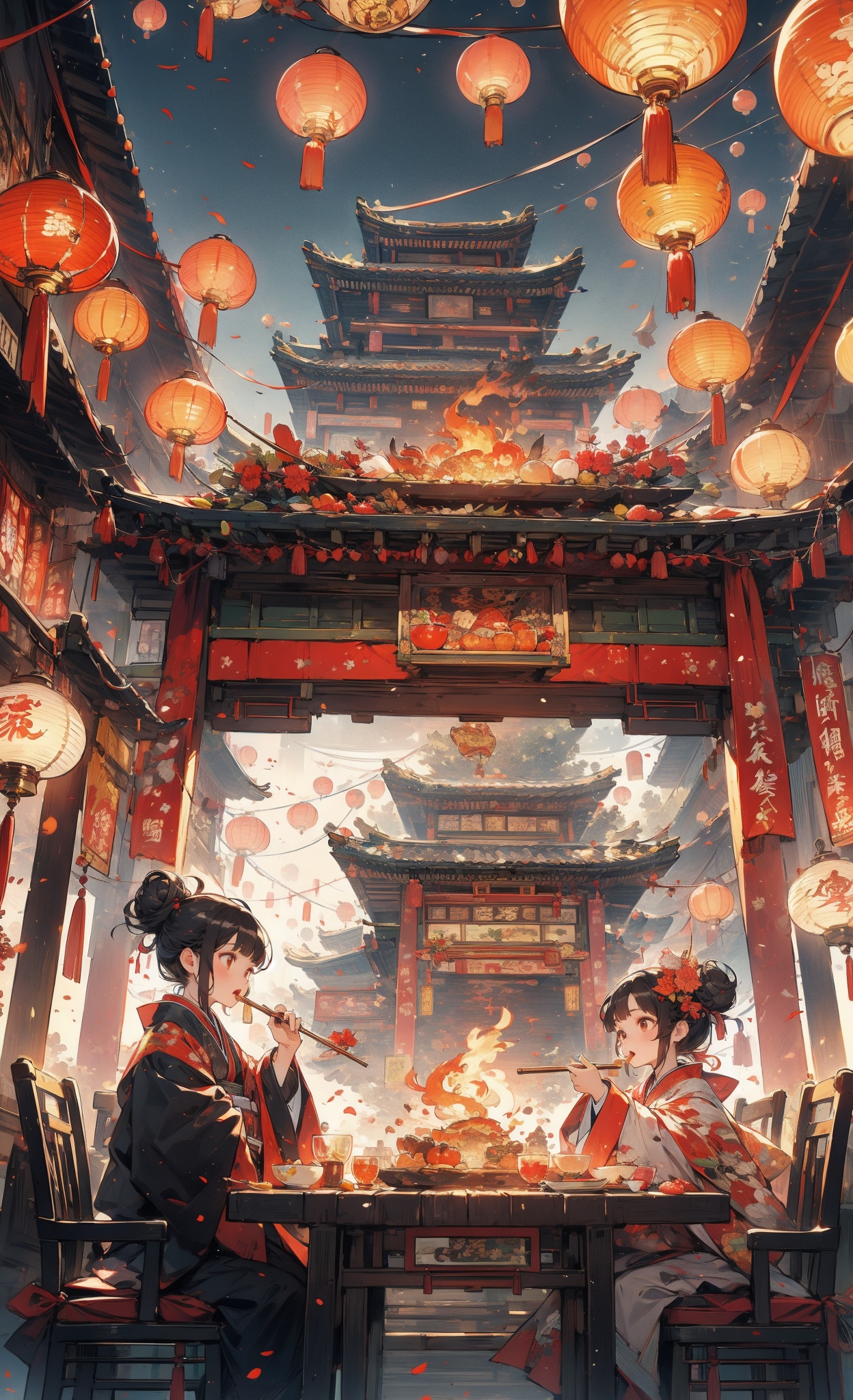(many children were eating around the table),architecture,black hair ,breathing fire,bamboo,bangs,bottle,brown hair,(child) ,chopsticks,campfire,candy apple,east asian architecture,festival,fire xfish,flame,food,food stand ,fireworks,goldfish,grill,hair bun,holding plat,kimono,lantern,mandarin red hair,multiple boys,multiple girls,chinese new year,chinese