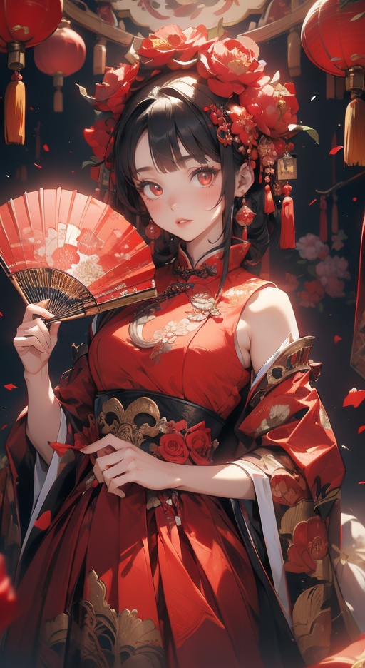 A girl,upper body,alluring, enchanting, extremely beautiful,wearing a red Tang style dress,multiple colors,high definition,Rich in intricate details, crazy colors,Chinese fan,peony flowers, photo, professional photographyBJ_Sacred_beast_Illustration