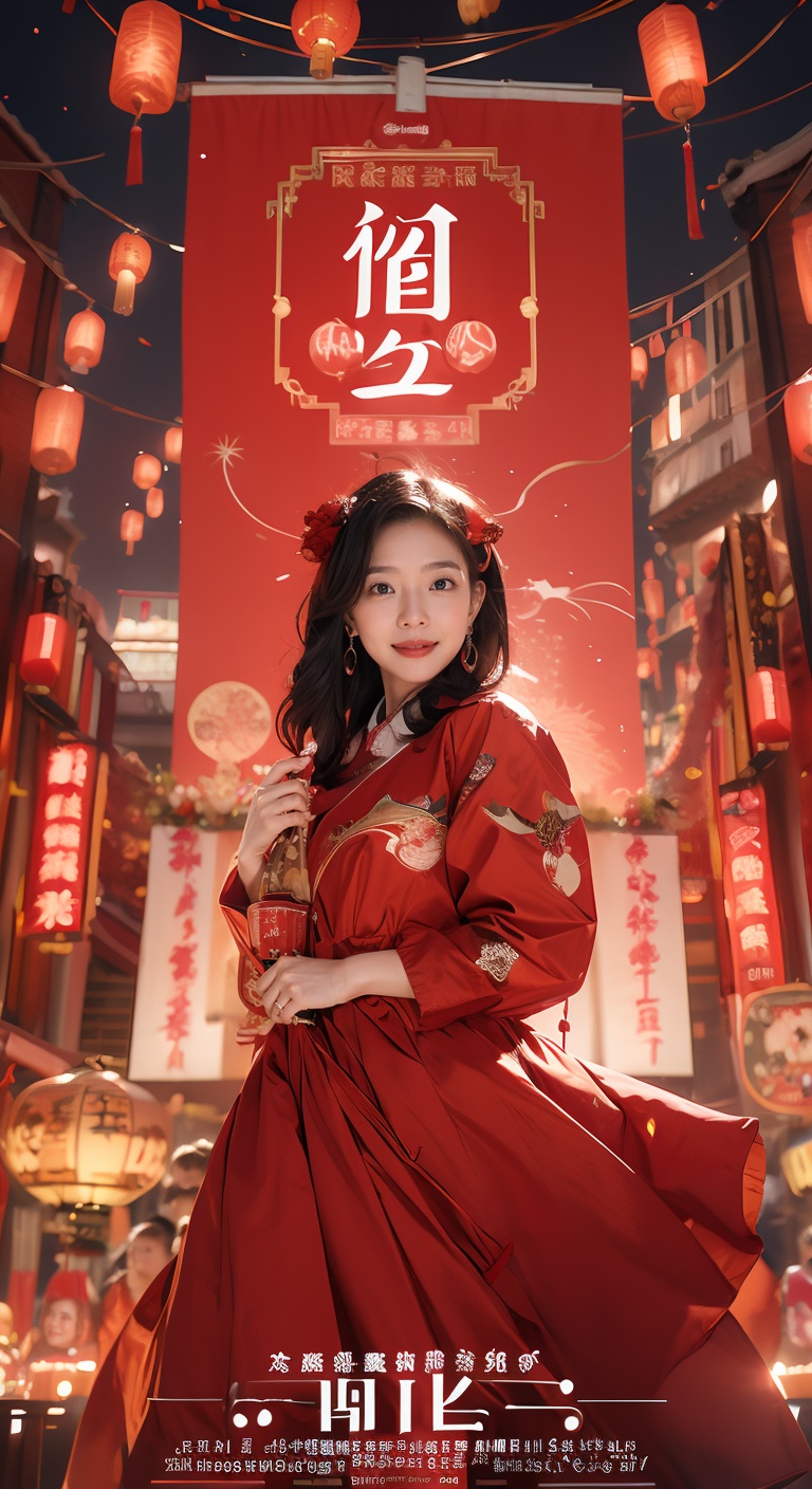 1girl,Poster, New Year poster, red theme,lantern,ribbon ,fireworks, lights, magazine cover,,Graphic design,<lora:Chinese new year-RED- lfq19:0.75>