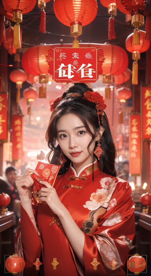 1girl,chinese,Poster, New Year poster, red theme,lantern,ribbon ,fireworks, lights, magazine cover,,Graphic design,<lora:Chinese new year-RED- lfq19:0.75>