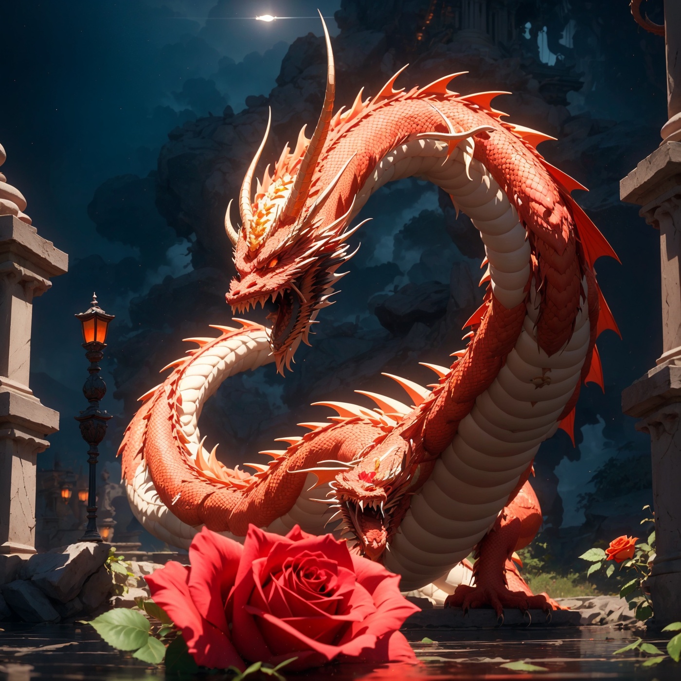 (long:1.2), Hyper-detailled, 32k, Super High definition, Vibrant Colors, Soft focus, Ultra Smooth,Soft natural look, Full shot, photorealistic, realism, movie still, film still, cinematic shot, dreamwave, aesthetic, photo r3al, almost no light, (detailed background), open mouth, flower, horns, teeth, orange eyes, no humans, rose, fangs, white flower, sharp teeth, red flower, pink flower, red rose, dragon, pink rose, pillar, orange flower, thedragon,r1ge,3DMM