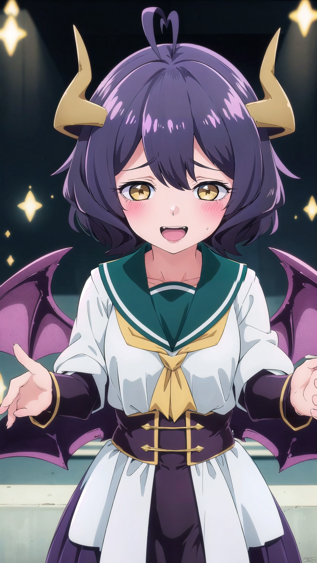 1girl,solo,open mouth,smile,short hair,blush,ahoge,looking at viewer,bangs,horns,wings,yellow eyes,demon girl,demon wings,school uniform,serafuku,hair between eyes,