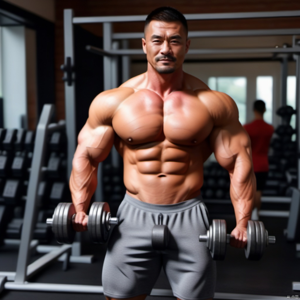  Summer short sleeved, very short hair, handsome and mature, muscular,real,
An Asian muscular man lifts dumbbells in the gym, asian