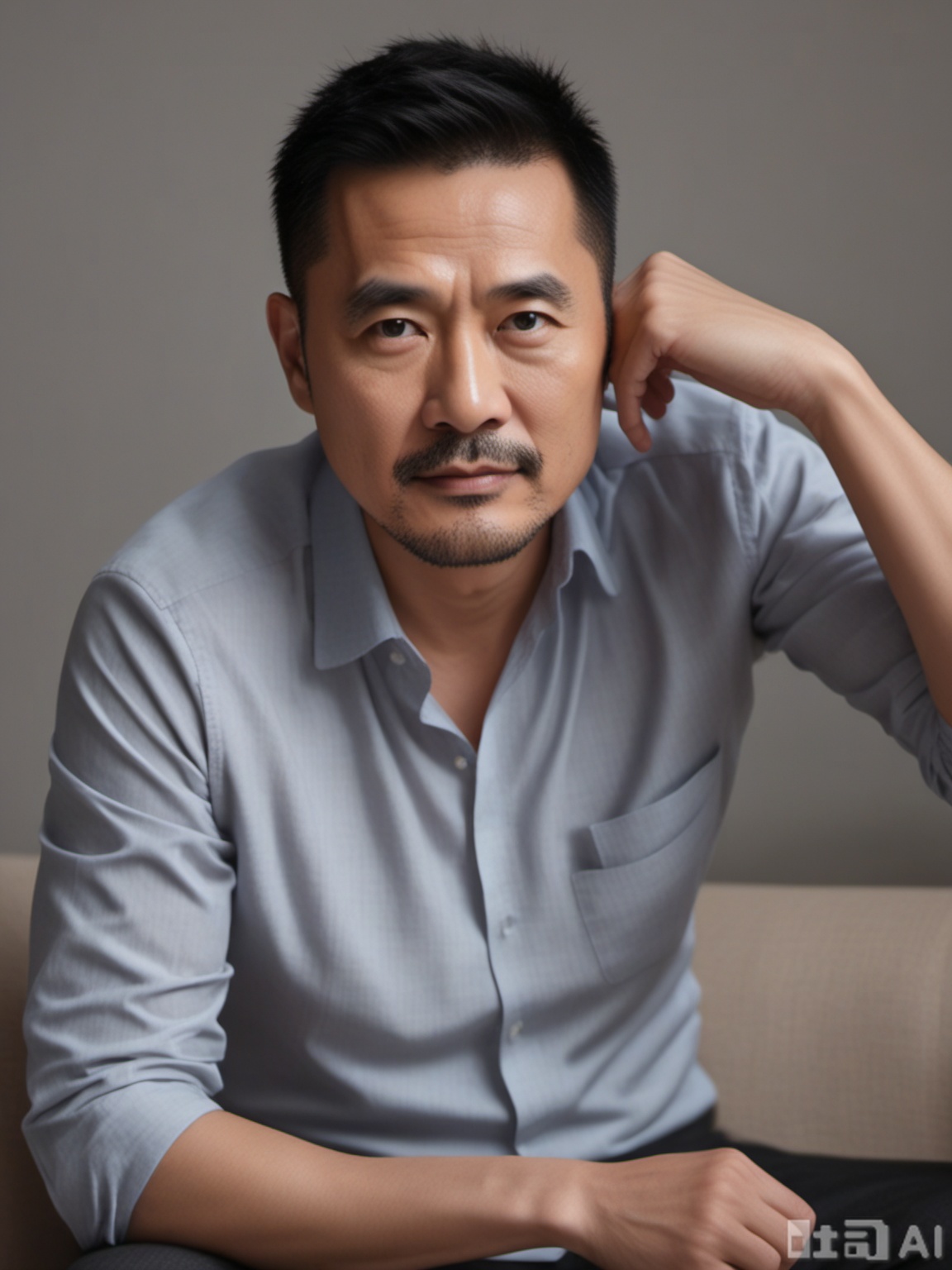 质量词: masterpiece, best quality, amazing quality, very aesthetic, absurdres, highres, newest
画面风格: realistic, blurry background, simple background, white background
人物: 1 man, middle - aged man, male focus, solo, asian, mature male
人物特征: facial hair, black hair, black eyes, closed mouth, lips, thick eyebrows, short hair
事件: looking at the audience 

需要注意的是,原提示词中的“blurry”表述与高质量画面有冲突,在实际使用时可能需要斟酌,高质量画面一般不希望出现模糊效果。 